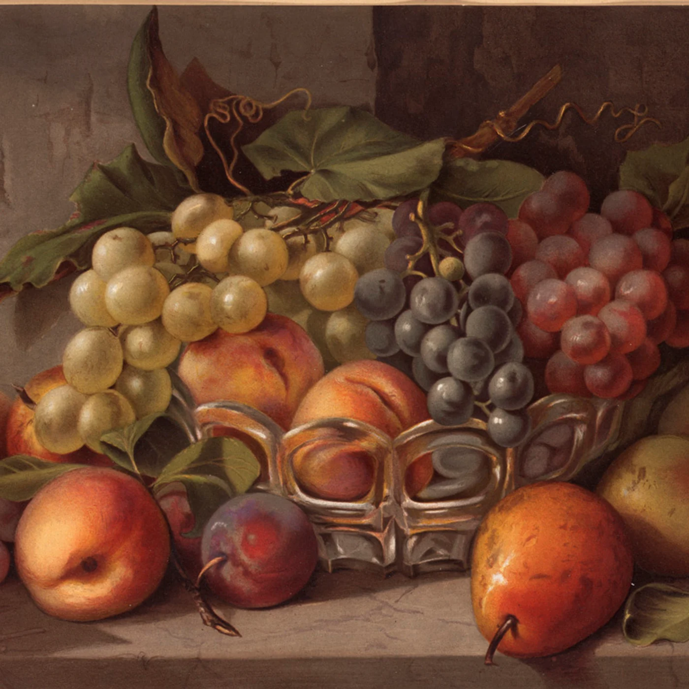 Vintage colour print of a silver basket of green, purple and red grapes with peaches, plums and pears