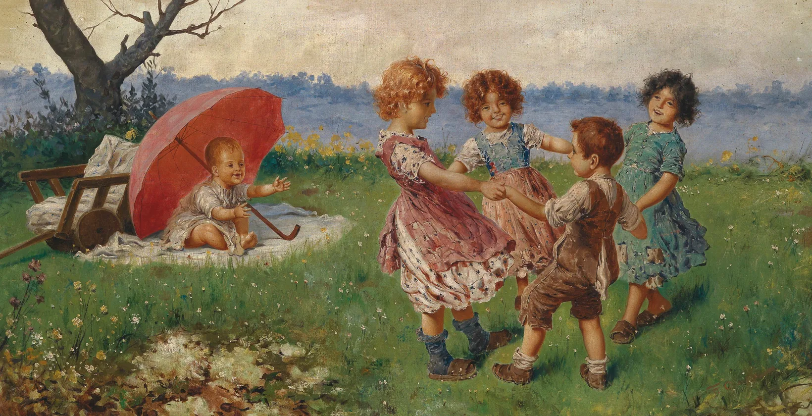 Oil painting of four small children dancing in a ring on a flowery meadow while a baby claps under a red umbrella beside a little cart